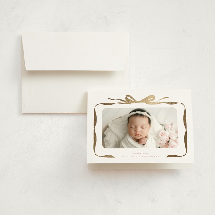 "Bow" - Foil-Pressed Birth Announcement Thank You Cards in Poppy by Olivia Kanaley Inman - Front