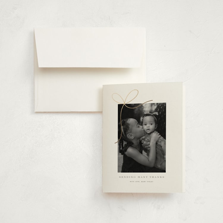 "Little Bow" - Foil-Pressed Birth Announcement Thank You Cards in Sugar by Yuliya Evseeva - Front