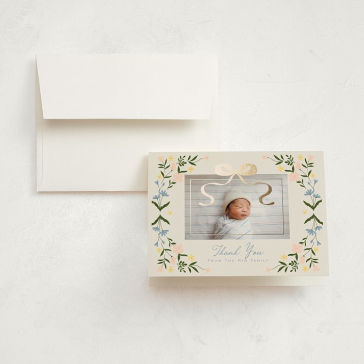 "Garden Lullaby Dream" - Foil-Pressed Birth Announcement Thank You Cards in Soft Linen by Tasha Meurer - Front