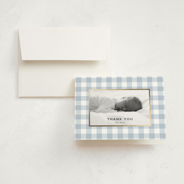 "Soft Gingham" - Foil-Pressed Birth Announcement Thank You Cards in Powder by letterfix - Front