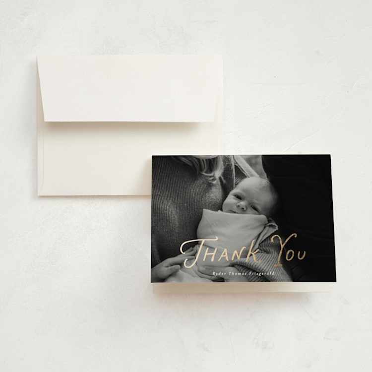 "Intro" - Foil-Pressed Birth Announcement Thank You Cards in Newsprint by Heather Schertzer - Front