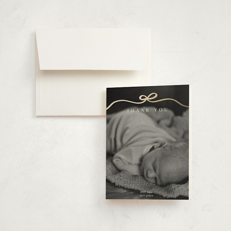 "Bow Tied" - Foil-Pressed Birth Announcement Thank You Cards in Cotton by Kaydi Bishop - Front
