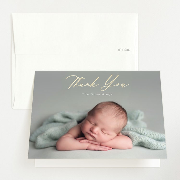 "Overjoyed" - Foil-Pressed Birth Announcement Thank You Cards in Cloud by Brandy Folse - Front