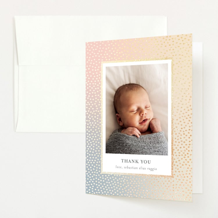 "Mini Confetti" - Foil-Pressed Birth Announcement Thank You Cards in Sunrise by Townsend Majors - Front