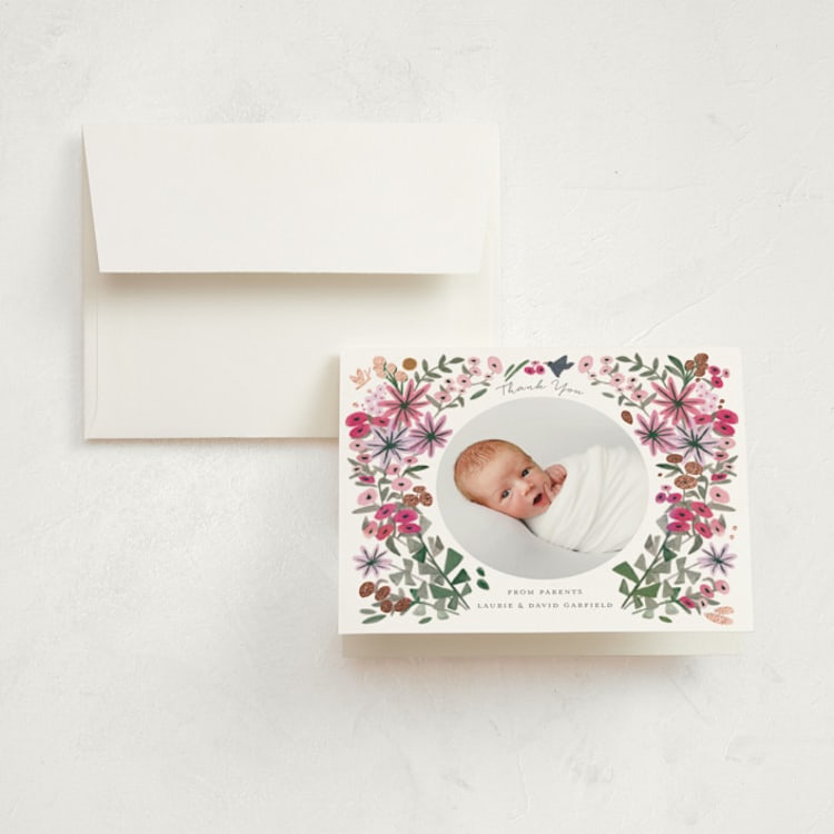 "Blossom Baby" - Foil-Pressed Birth Announcement Thank You Cards in Rose by Morgan Ramberg - Front