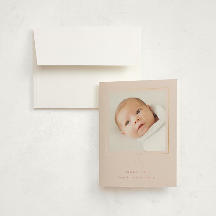 "Little Bow" - Foil-Pressed Birth Announcement Thank You Cards in Petal by Baumbirdy - Front