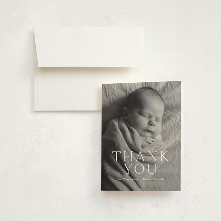 "Refined" - Birth Announcement Thank You Cards in Powder by Melissa Egan of Pistols - Front
