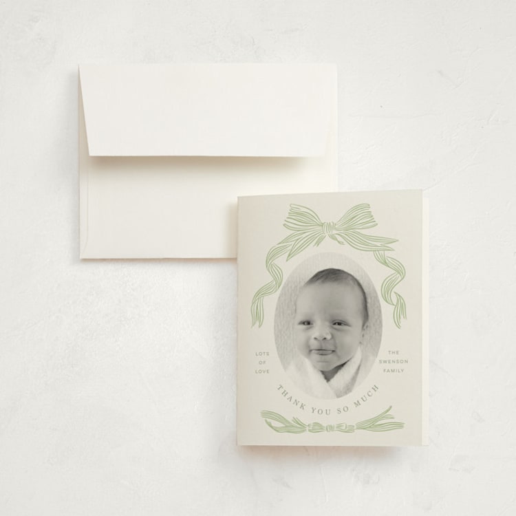 "Ribbon Bow Frame" - Birth Announcement Thank You Cards in Mint by Stephanie Hawkes - Front