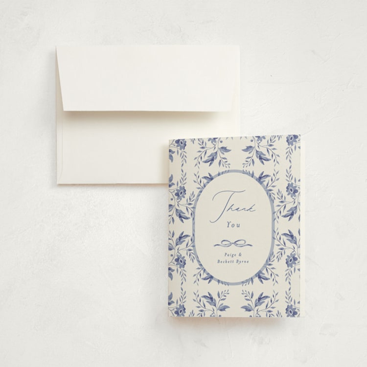 "Daisy Toile" - Birth Announcement Thank You Cards in Bluebird by Susan Zinader - Front