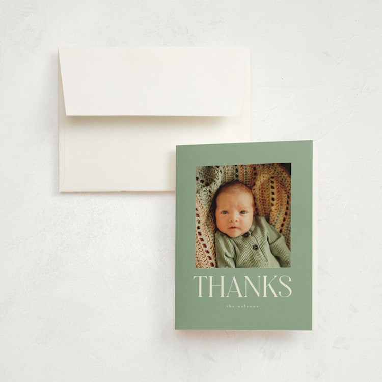 "Double Time" - Birth Announcement Thank You Cards in Aloe by Pixel and Hank - Front