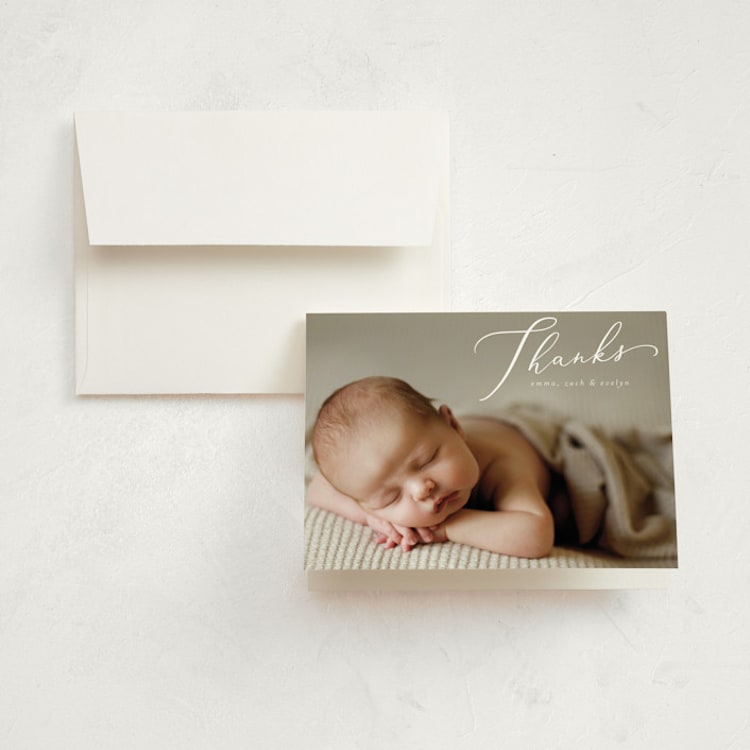 "Signature" - Birth Announcement Thank You Cards in Sage by Ashley Rosenbaum - Front