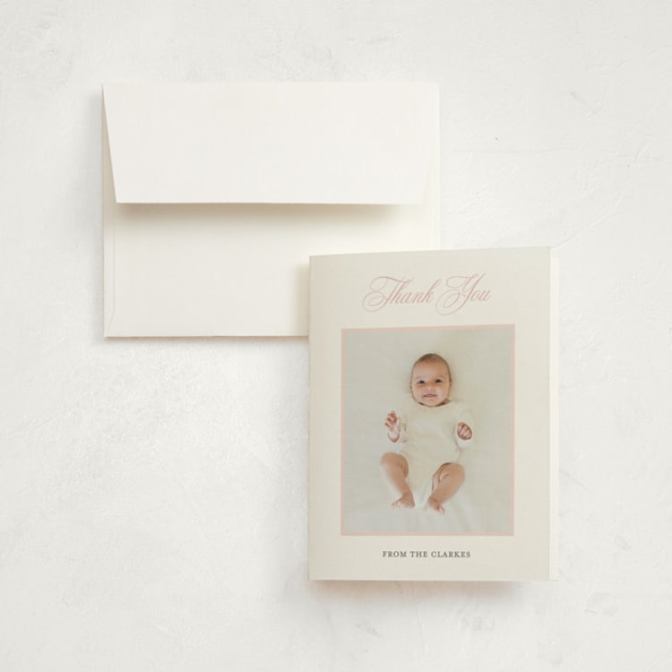 "Monogram Laurel" - Birth Announcement Thank You Cards in Peony by Vanessa Doyle - Front