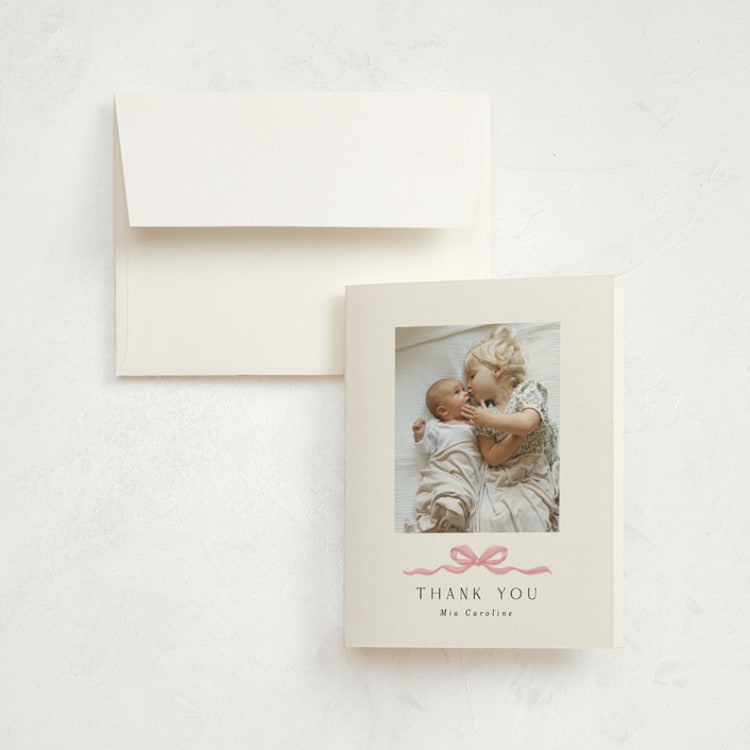 "Sweet Bow" - Birth Announcement Thank You Cards in Cotton Candy by Paula Pecevich - Front