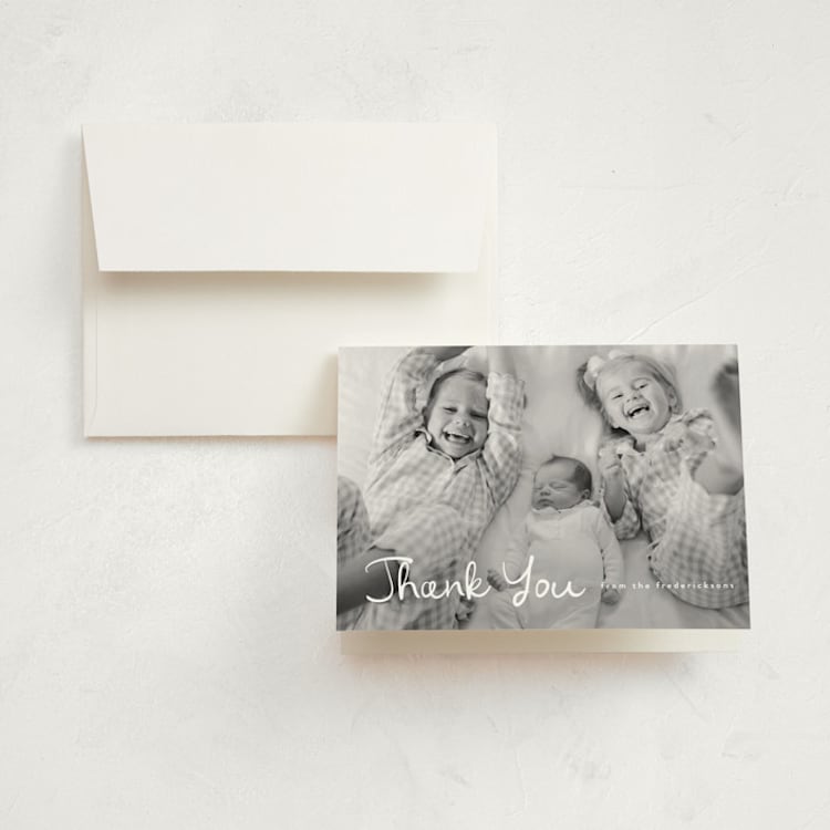 "Written Whimsy" - Birth Announcement Thank You Cards in Snow by Lauren Chism - Front