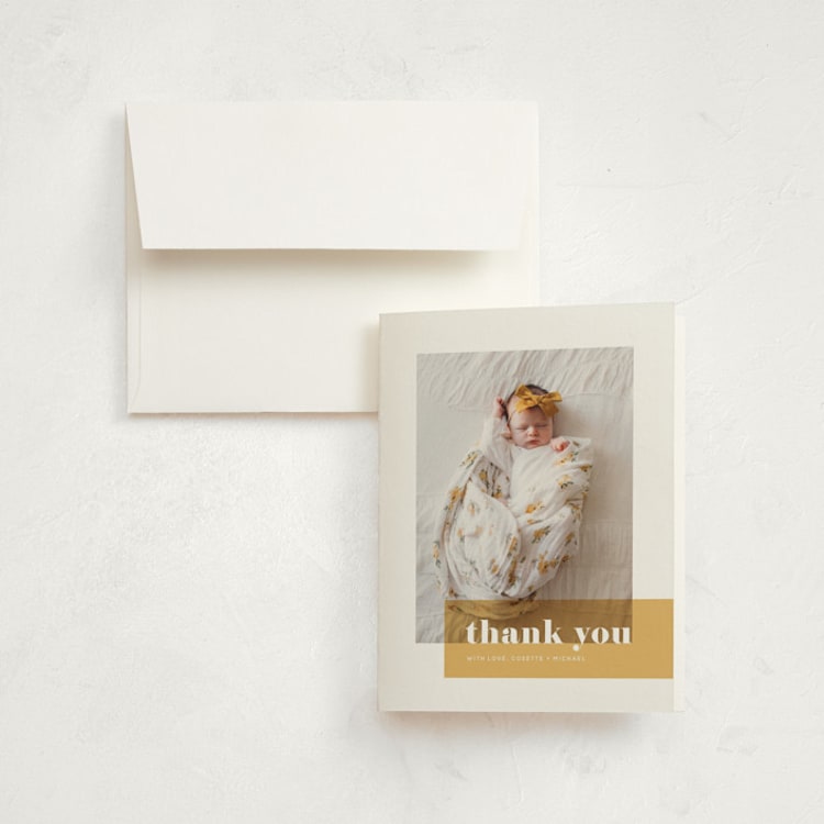 "Magazine Block" - Birth Announcement Thank You Cards in Marigold by Maria Hilas-Louie - Front