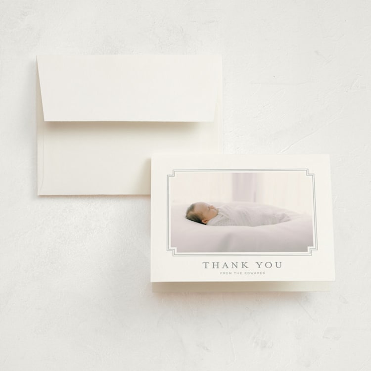 "First Step" - Birth Announcement Thank You Cards in Fog by Carolyn MacLaren - Front