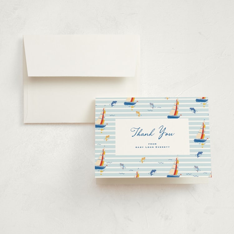 "Little Sail Boat" - Birth Announcement Thank You Cards in Maritime by Corinne Malesic - Front