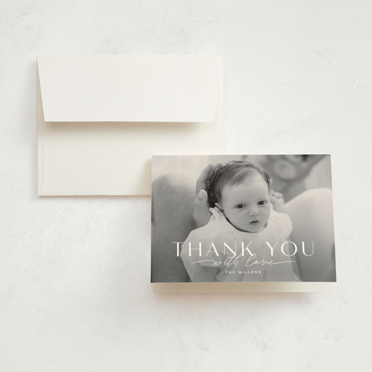 "Typographic Mix" - Birth Announcement Thank You Cards in Snow by Michelle Taylor - Front