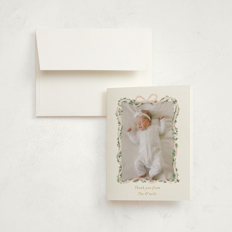 "Ribbonly Frame" - Birth Announcement Thank You Cards in Blush by Itsy Belle Studio - Front