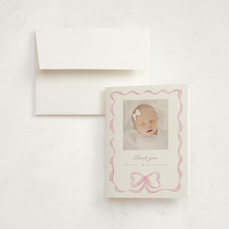 "Squiggle bow" - Birth Announcement Thank You Cards in Peony by Creo Study - Front