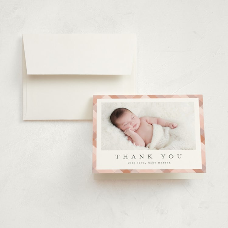 "Desert Plaid" - Birth Announcement Thank You Cards in Terracotta by Erica Krystek - Front