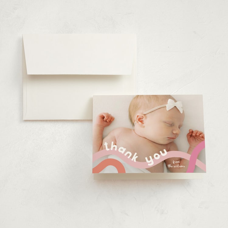 "Wiggle Worm" - Birth Announcement Thank You Cards in Peach Sherbet by Lauren Chism - Front