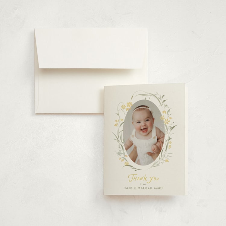 "Dainty Wreath" - Birth Announcement Thank You Cards in Lemon by Erin L. Wilson - Front