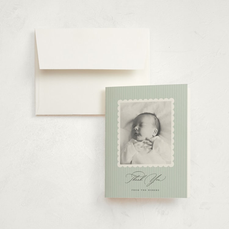 "scalloped gallery" - Birth Announcement Thank You Cards in Pool by Sarah Curry - Front