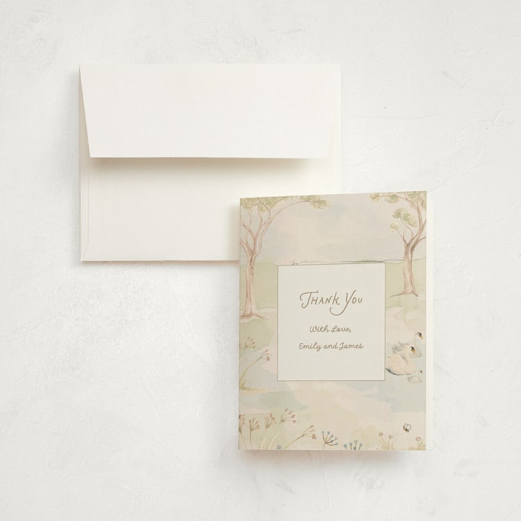 "Dreamy Lake" - Birth Announcement Thank You Cards in Sage by Teju Reval - Front