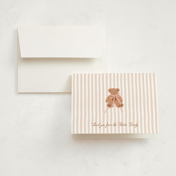 "Teddy Bear Stripes" - Birth Announcement Thank You Cards in Pinky by Erin German - Front