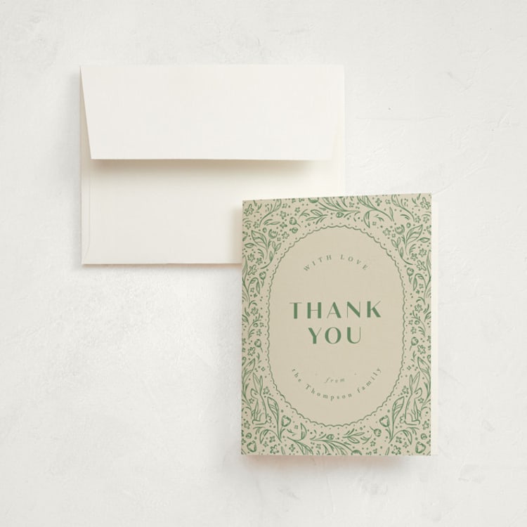 "bunnies and flowers" - Birth Announcement Thank You Cards in Sage by Anastasia Makarova - Front
