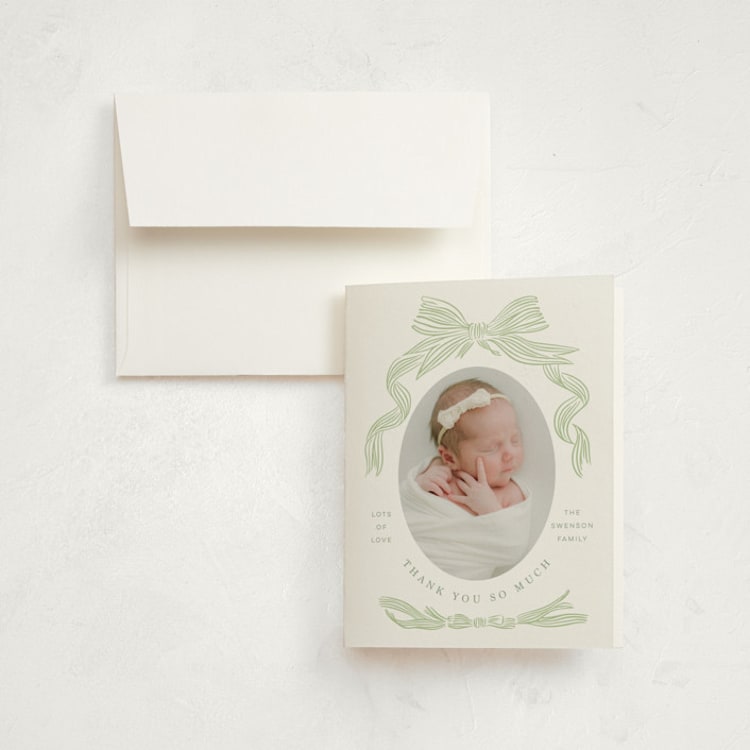 "Ribbon Bow Frame" - Birth Announcement Thank You Cards in Mint by Stephanie Hawkes - Front