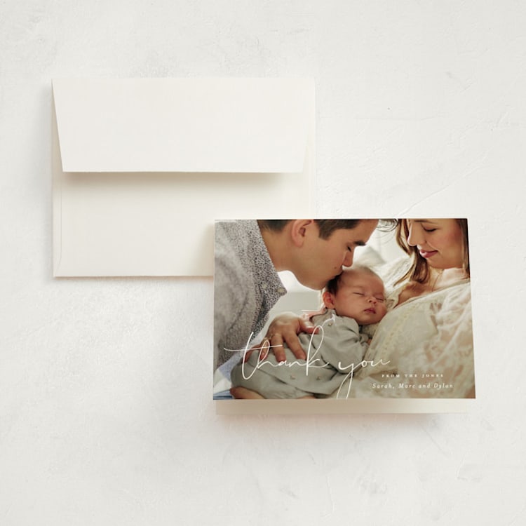 "Delicate" - Birth Announcement Thank You Cards in Powder by Sara Hicks Malone - Front