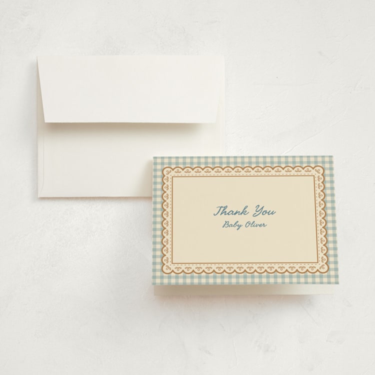 "Vintage placemat" - Birth Announcement Thank You Cards in Pond by Creo Study - Front