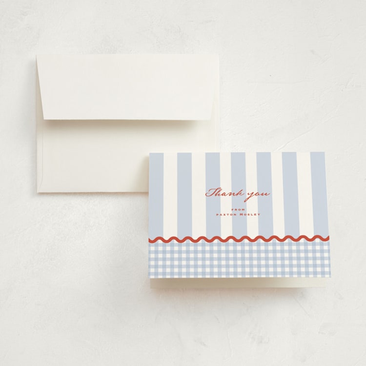 "RicRac Gingham" - Birth Announcement Thank You Cards in Nautical by Corinne Malesic - Front
