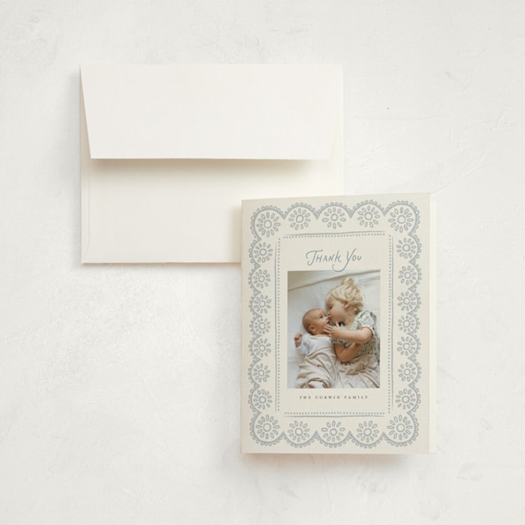 "Handdrawn Eyelet" - Birth Announcement Thank You Cards in Cloud by Laura Hankins - Front