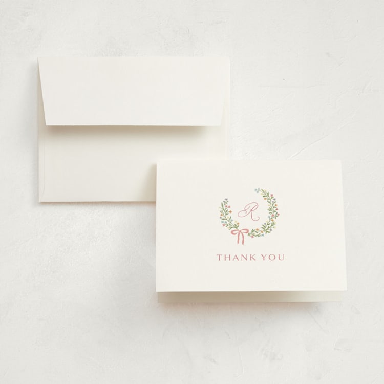"Sweet Monogrammed Wreath" - Birth Announcement Thank You Cards in Watermelon by Katherine Moynagh - Front