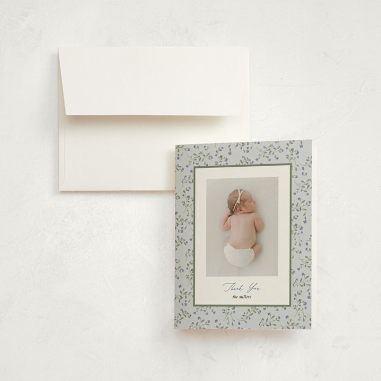 "Ditsy Floral Frame" - Birth Announcement Thank You Cards in Powder by Kate Ahn - Front