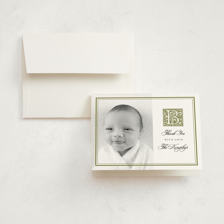"Gothic" - Birth Announcement Thank You Cards in Basil by Heather Schertzer - Front