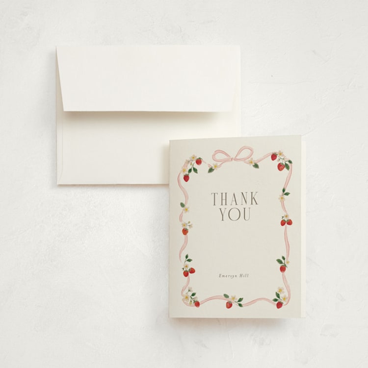"Fraises de bois" - Birth Announcement Thank You Cards in Cherry Blossom by Itsy Belle Studio - Front