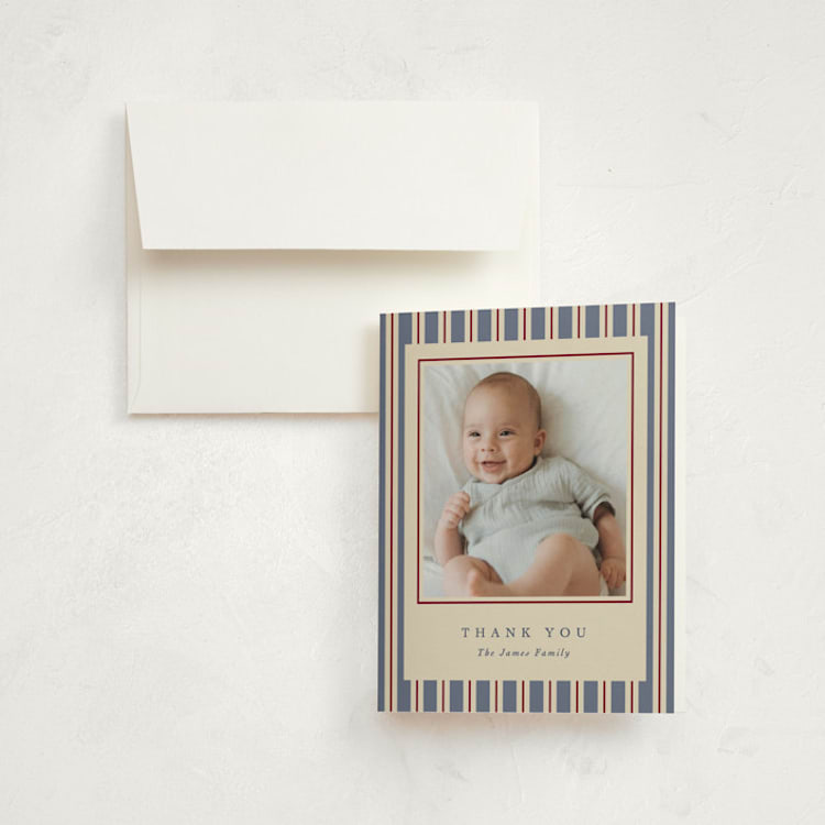 "Colorful Stripes" - Birth Announcement Thank You Cards in Lake by Robert and Stella - Front