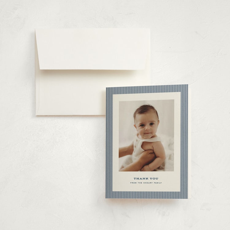 "Hickory stripe" - Birth Announcement Thank You Cards in Denim by Lea Delaveris - Front