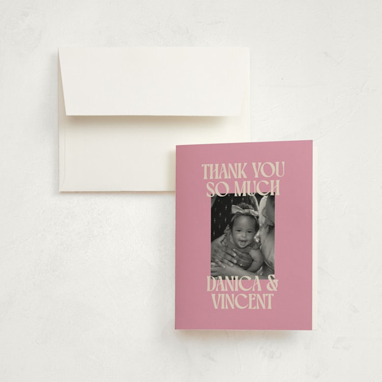 "Type Stack" - Birth Announcement Thank You Cards in Bubblegum by Ekko Studio - Front