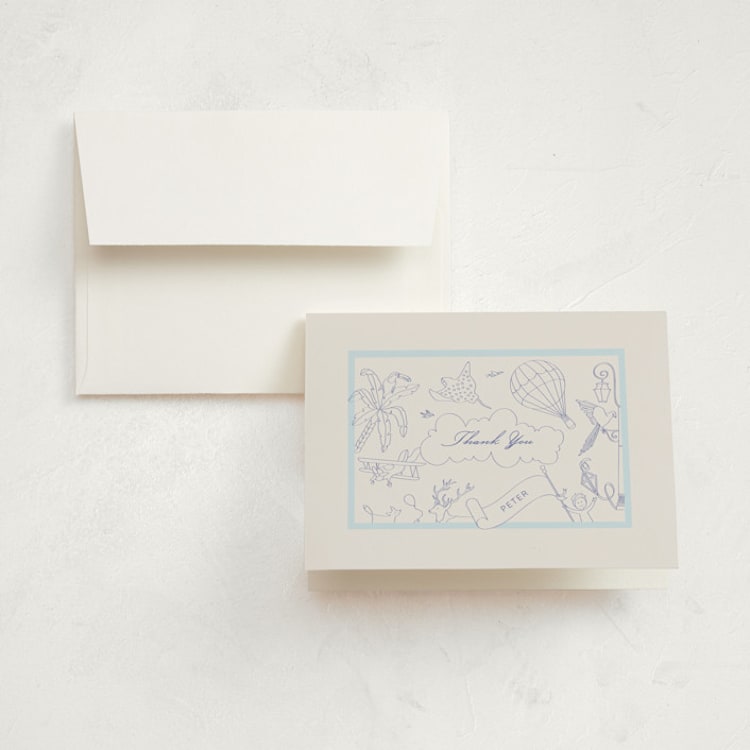 "My Fantastic World Suite" - Birth Announcement Thank You Cards in Navy by Paloma Morand Monteil - Front