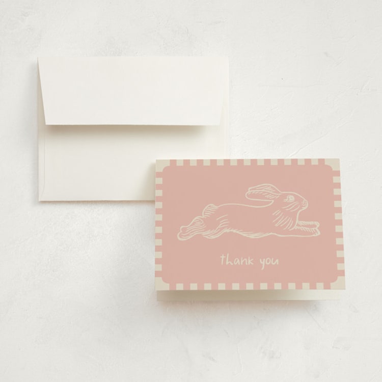 "Flying Bunny" - Birth Announcement Thank You Cards in Petal by Zani van Zyl - Front