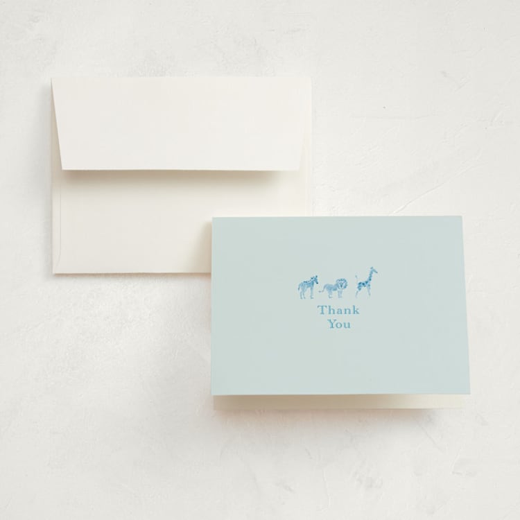 "Safari Parade" - Birth Announcement Thank You Cards in Sky by Jill Delavan - Front
