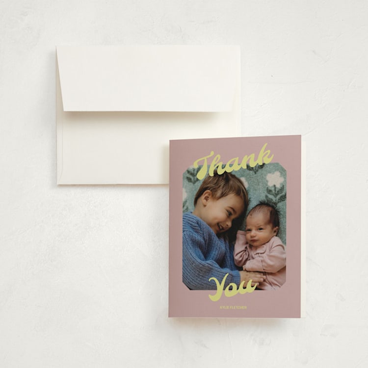 "Retro" - Birth Announcement Thank You Cards in Mauve by Inkblot Design - Front