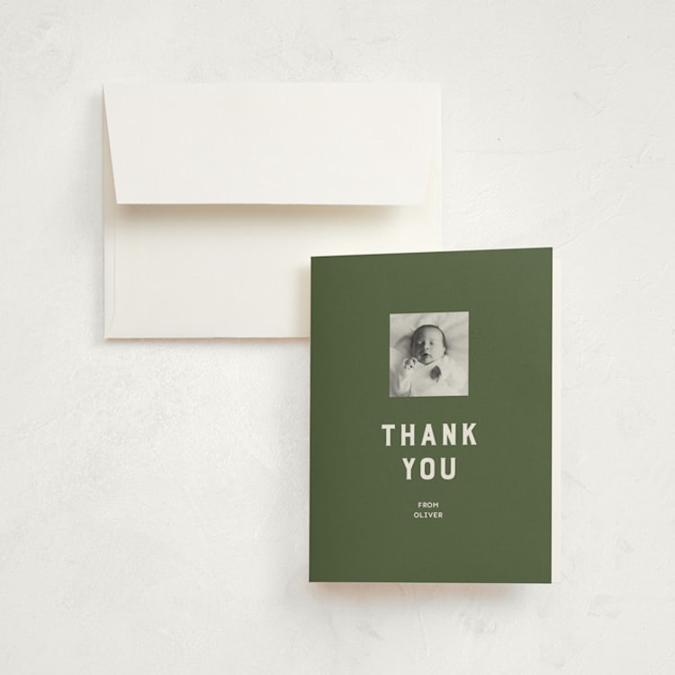 "Oliver" - Birth Announcement Thank You Cards in Olive by Studio Suku - Front
