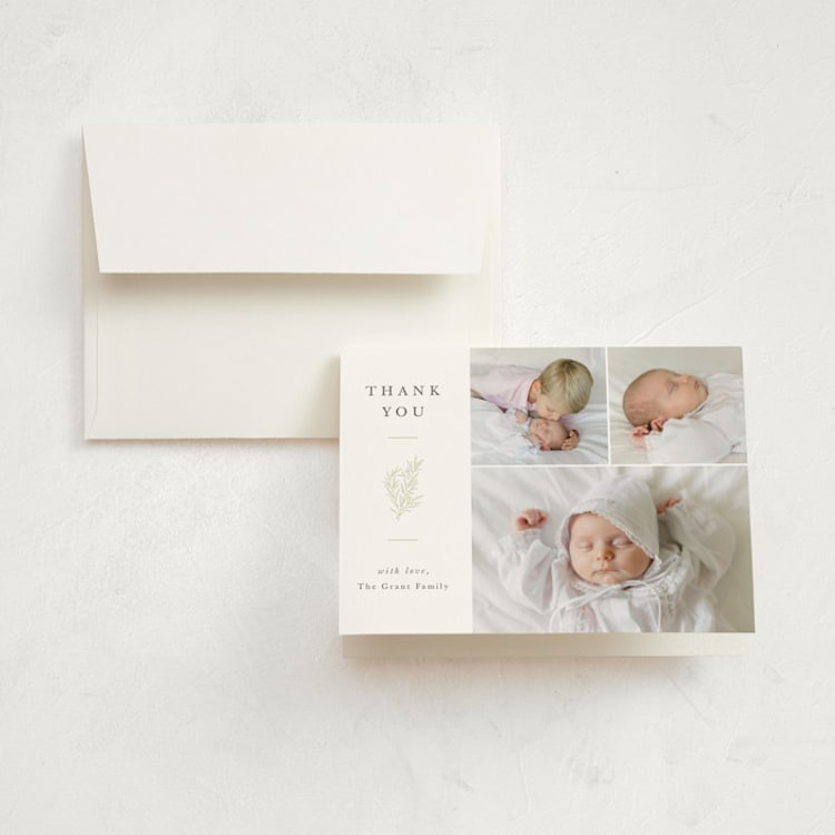 "Tiny Sprig" - Birth Announcement Thank You Cards in Sage by Sarah Brown - Front