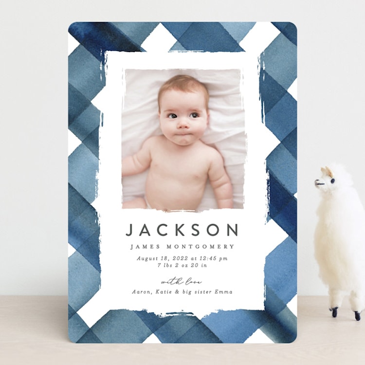 "Painted Plaid" - Birth Announcements in Denim by Erica Krystek - Front